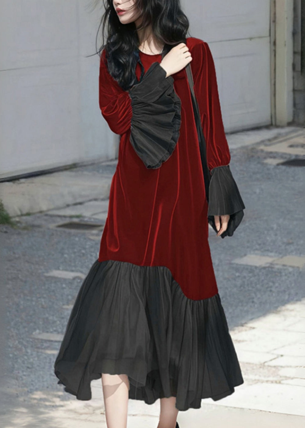 French Red O-Neck Patchwork Silk Velvet Long Dress Flare Sleeve