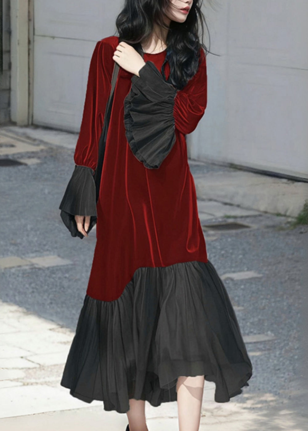 French Red O-Neck Patchwork Silk Velvet Long Dress Flare Sleeve
