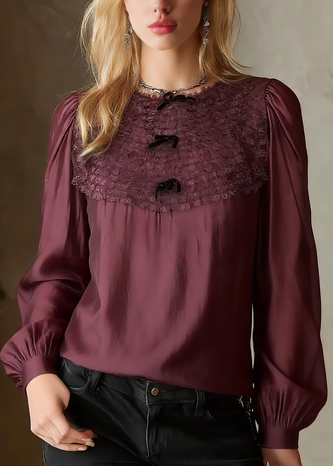 French Red O-Neck Patchwork Solid Tops Lantern Sleeve