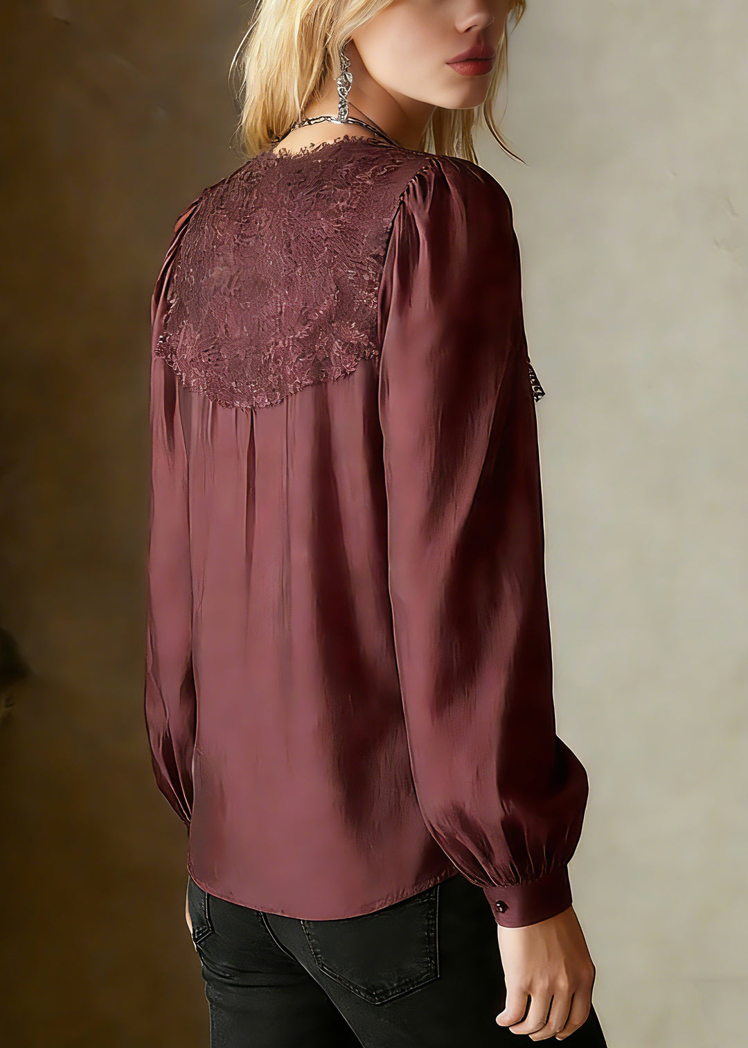 French Red O-Neck Patchwork Solid Tops Lantern Sleeve