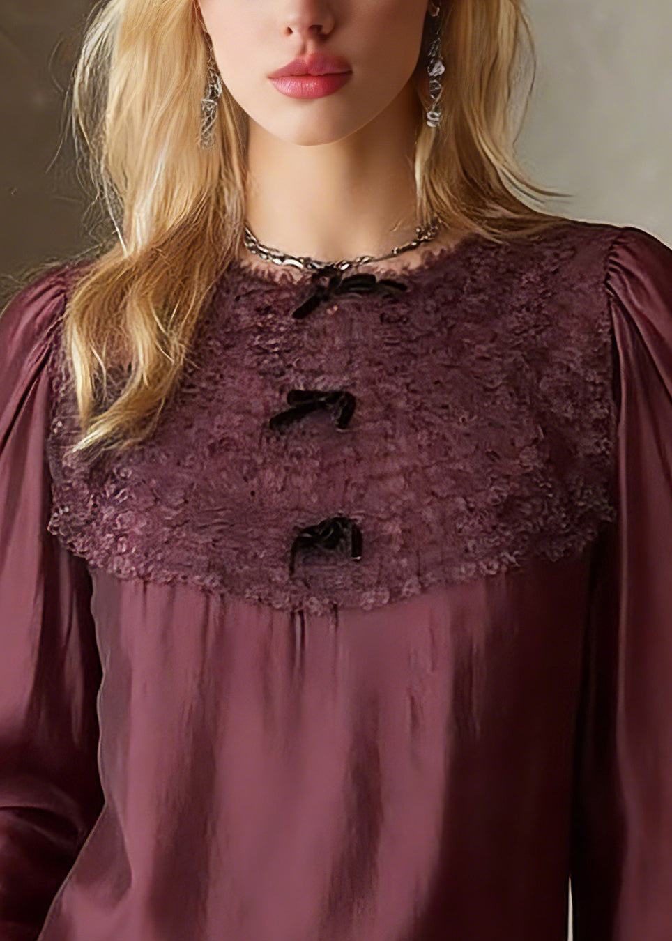 French Red O-Neck Patchwork Solid Tops Lantern Sleeve