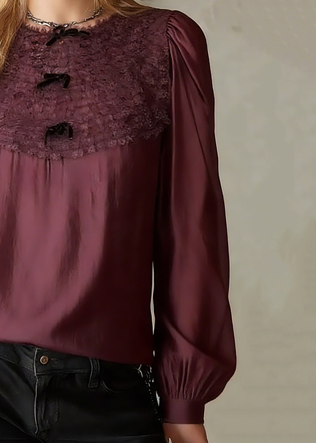 French Red O-Neck Patchwork Solid Tops Lantern Sleeve