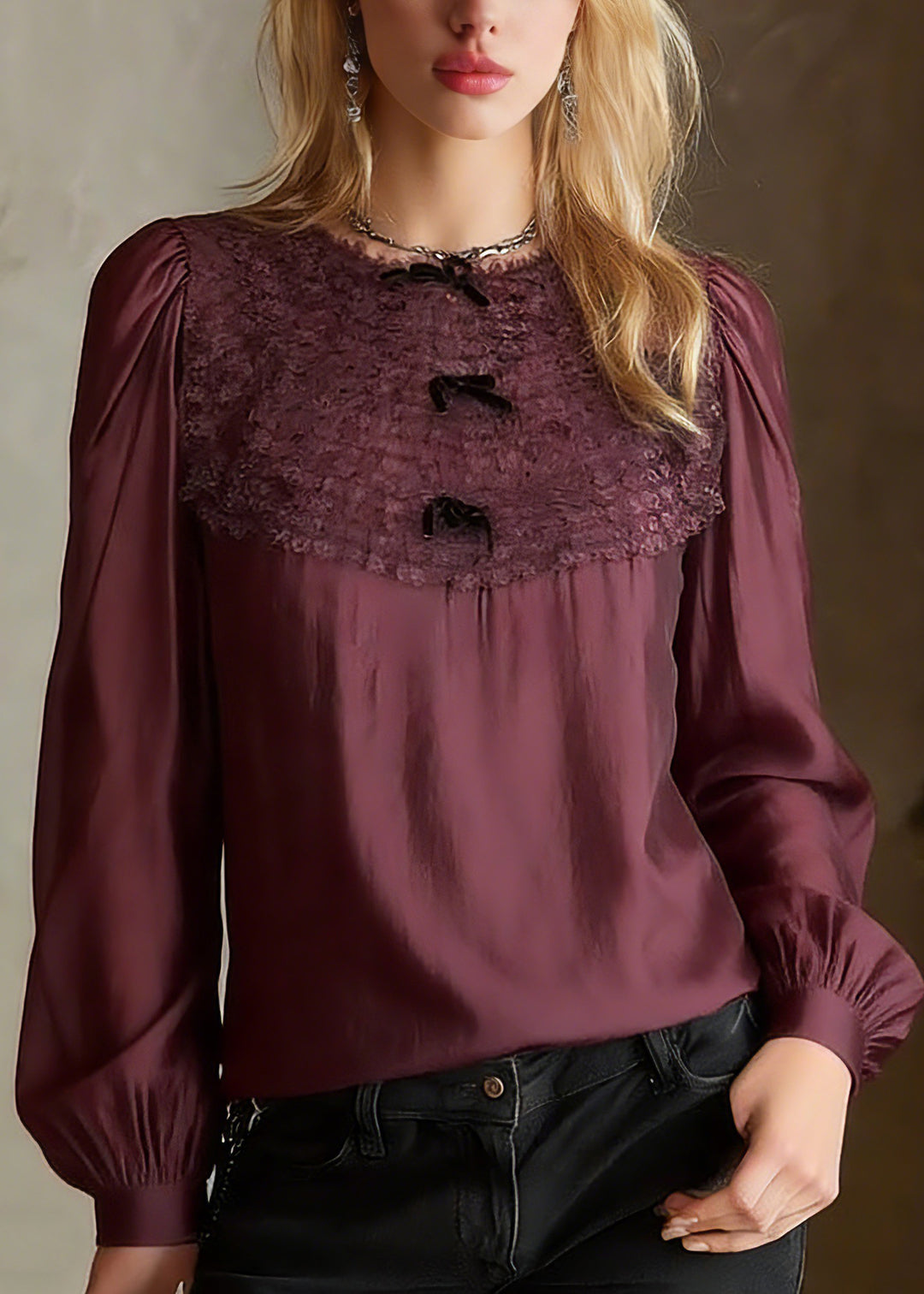 French Red O-Neck Patchwork Solid Tops Lantern Sleeve