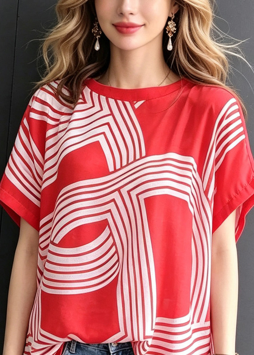 French Red O-Neck Side Open Print Chiffon Shirt Summer