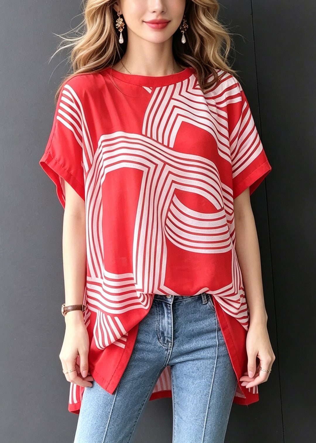 French Red O-Neck Side Open Print Chiffon Shirt Summer