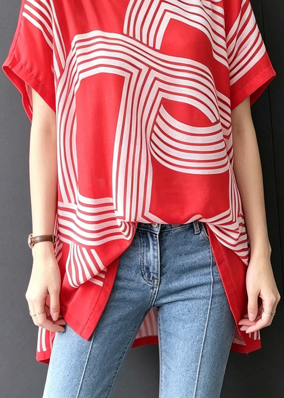 French Red O-Neck Side Open Print Chiffon Shirt Summer