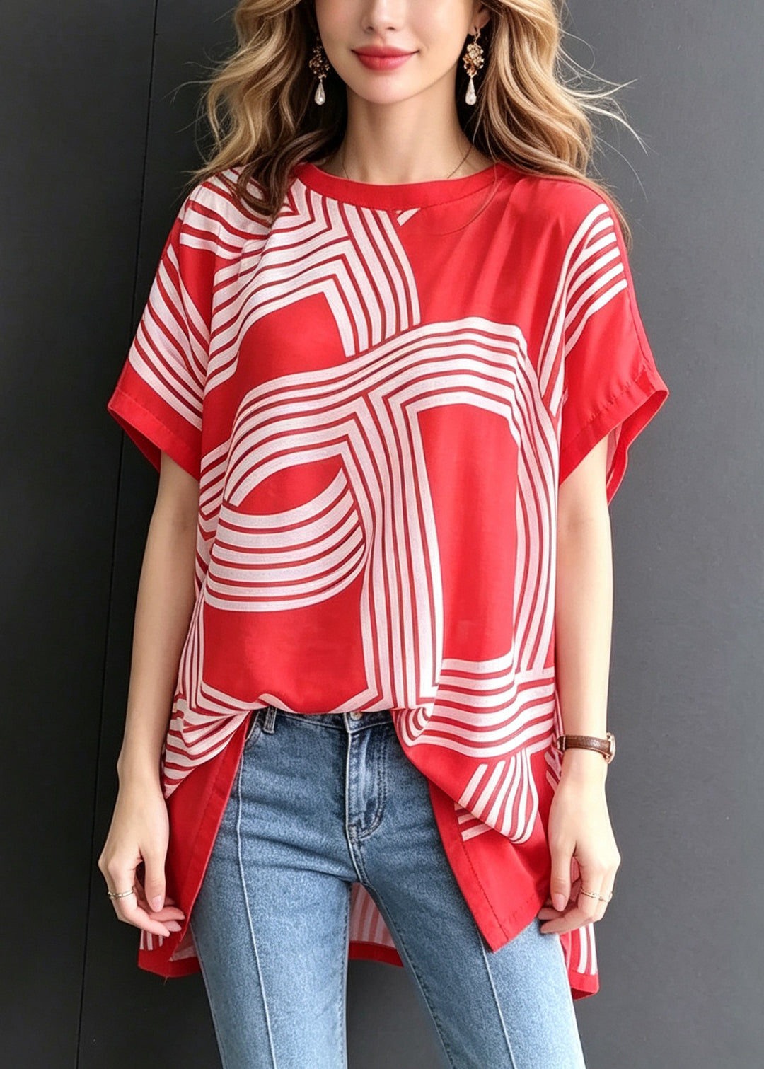French Red O-Neck Side Open Print Chiffon Shirt Summer