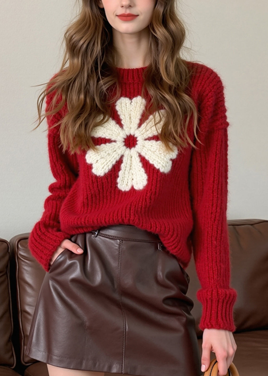 French Red O Neck Thick Floral Knit Sweaters Winter