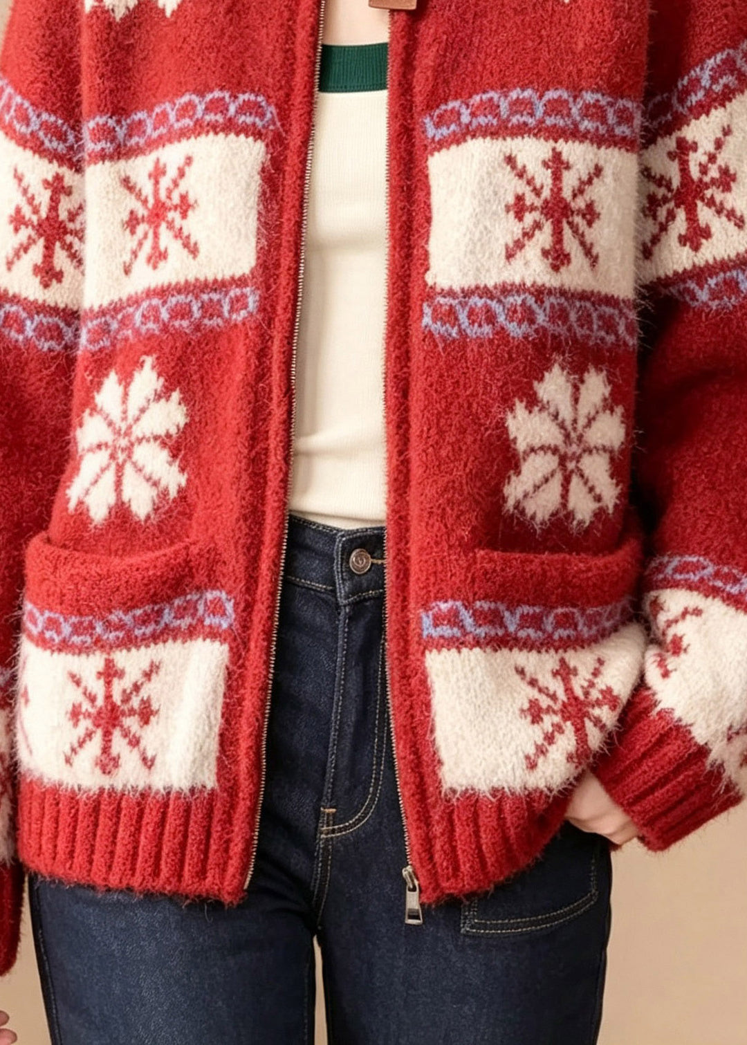 French Red O-Neck Zippered Patchwork Cotton Knit Cardigans Long Sleeve