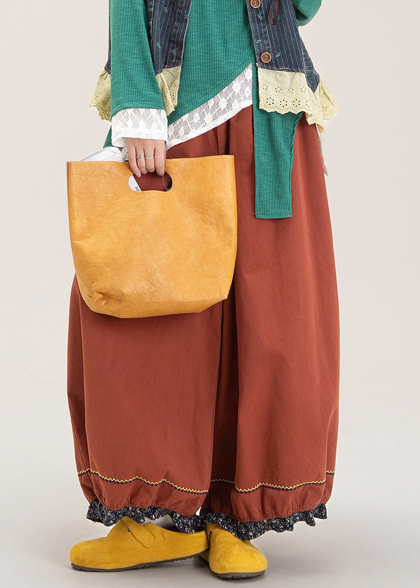 French Red Patchwork Elastic Waist Wide Leg Pants Fall