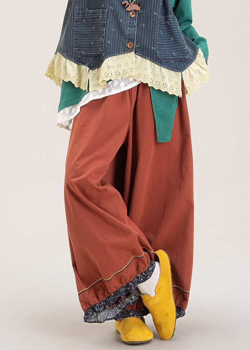 French Red Patchwork Elastic Waist Wide Leg Pants Fall