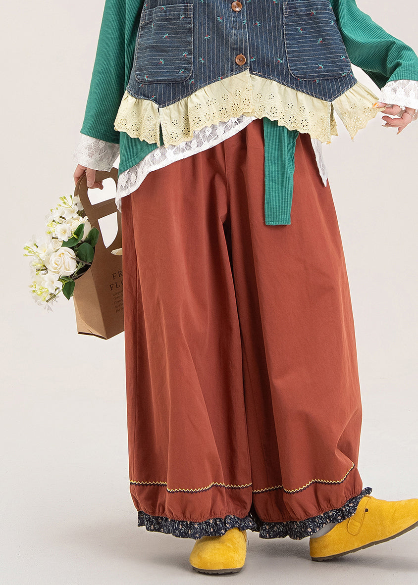 French Red Patchwork Elastic Waist Wide Leg Pants Fall