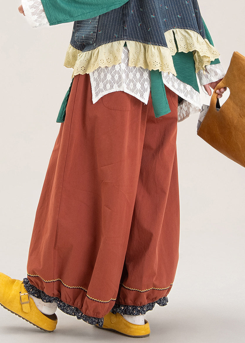 French Red Patchwork Elastic Waist Wide Leg Pants Fall