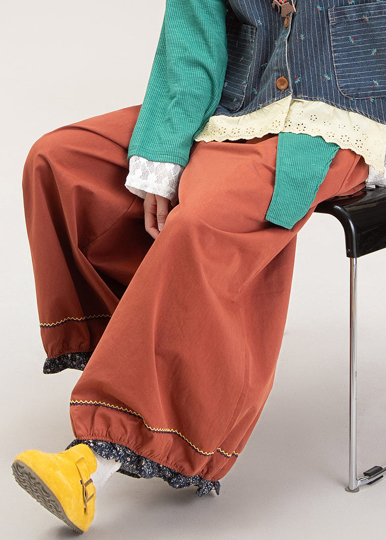 French Red Patchwork Elastic Waist Wide Leg Pants Fall