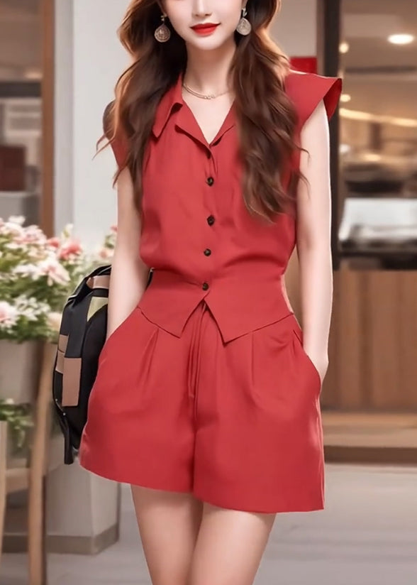 French Red Peter Pan Collar Button Cotton Two-Piece Set Summer