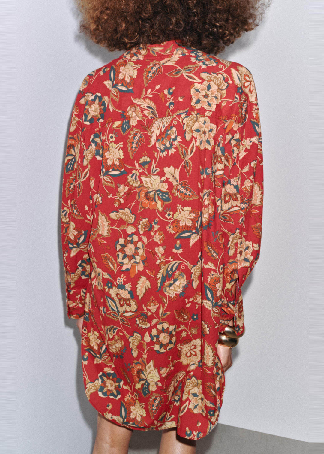 French Red Peter Pan Collar Print Cotton Shirt Dress Long Sleeve