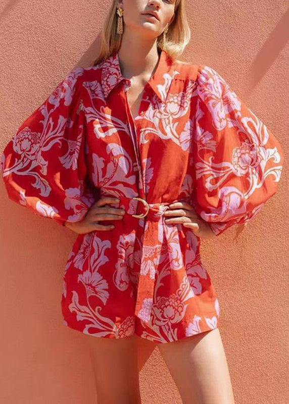 French Red Peter Pan Collar Print Sashes Jumpsuit Fall