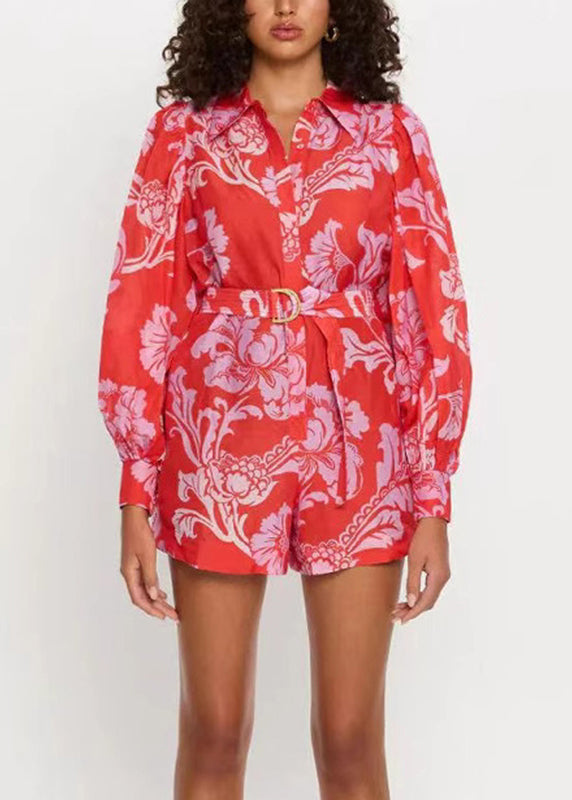 French Red Peter Pan Collar Print Sashes Jumpsuit Fall