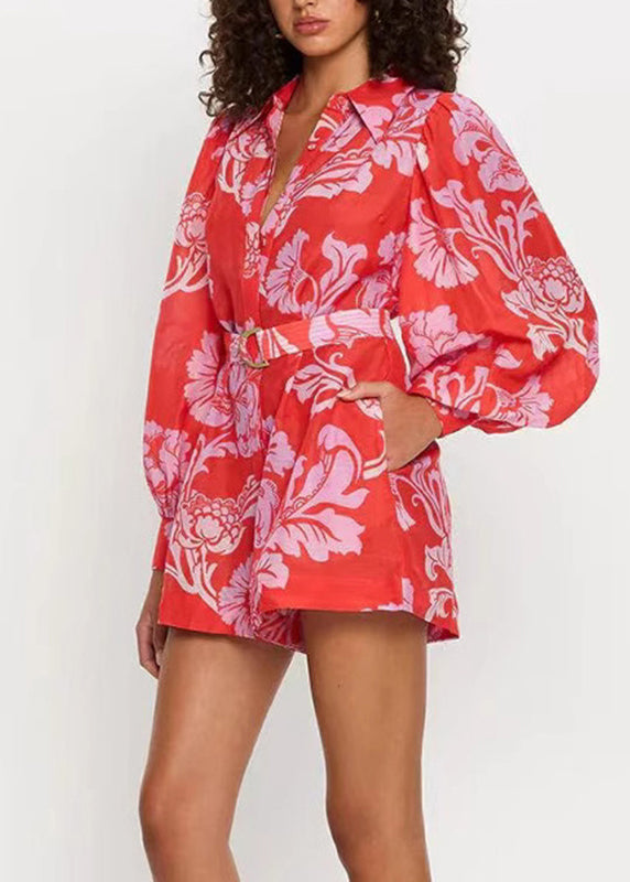 French Red Peter Pan Collar Print Sashes Jumpsuit Fall