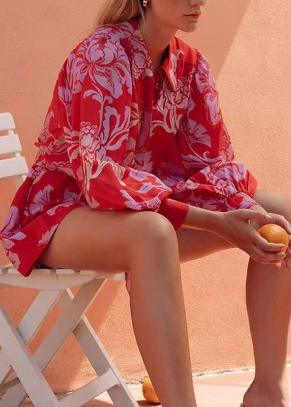 French Red Peter Pan Collar Print Sashes Jumpsuit Fall