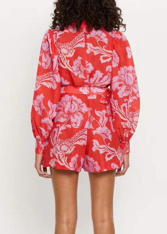 French Red Peter Pan Collar Print Sashes Jumpsuit Fall