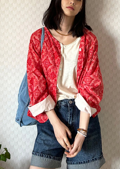 French Red Print Button Cotton Coats Fall