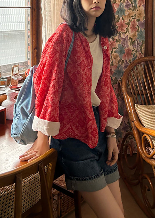 French Red Print Button Cotton Coats Fall