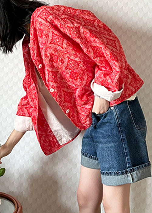 French Red Print Button Cotton Coats Fall
