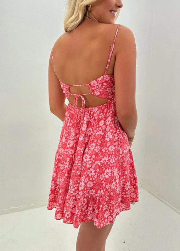 French Red Print Patchwork Mid Long Dress Summer