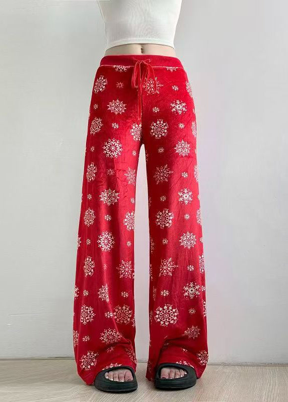 French Red Print Tie Waist Straight Pants Spring
