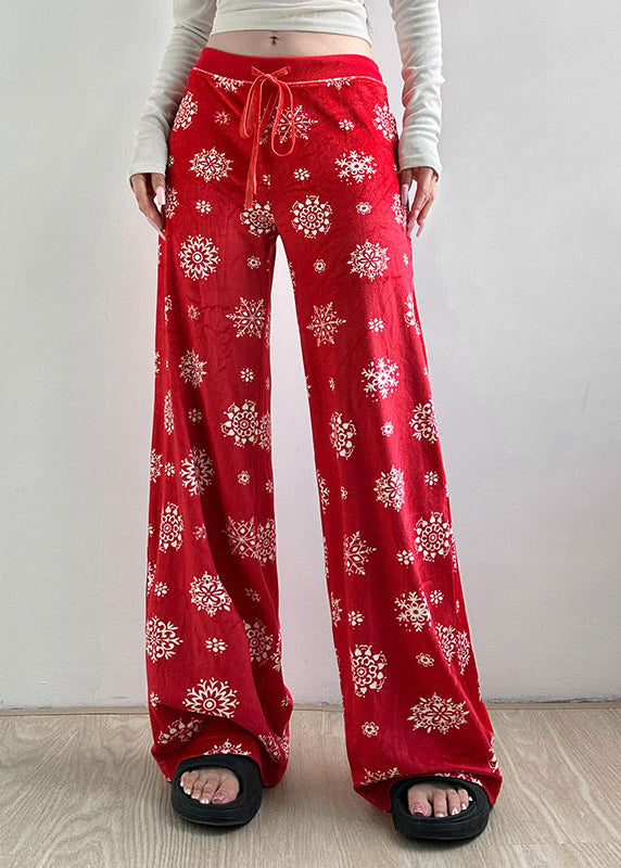 French Red Print Tie Waist Straight Pants Spring