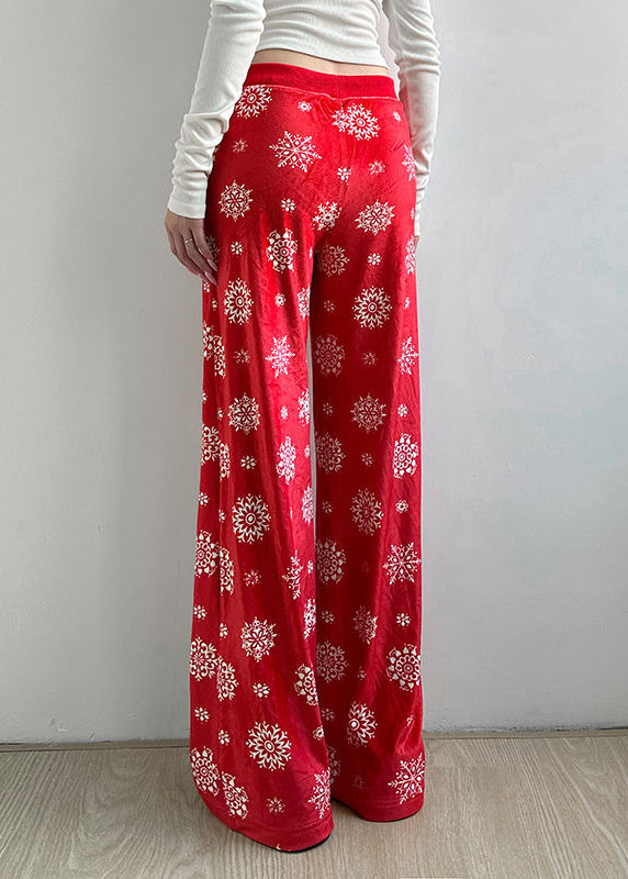 French Red Print Tie Waist Straight Pants Spring