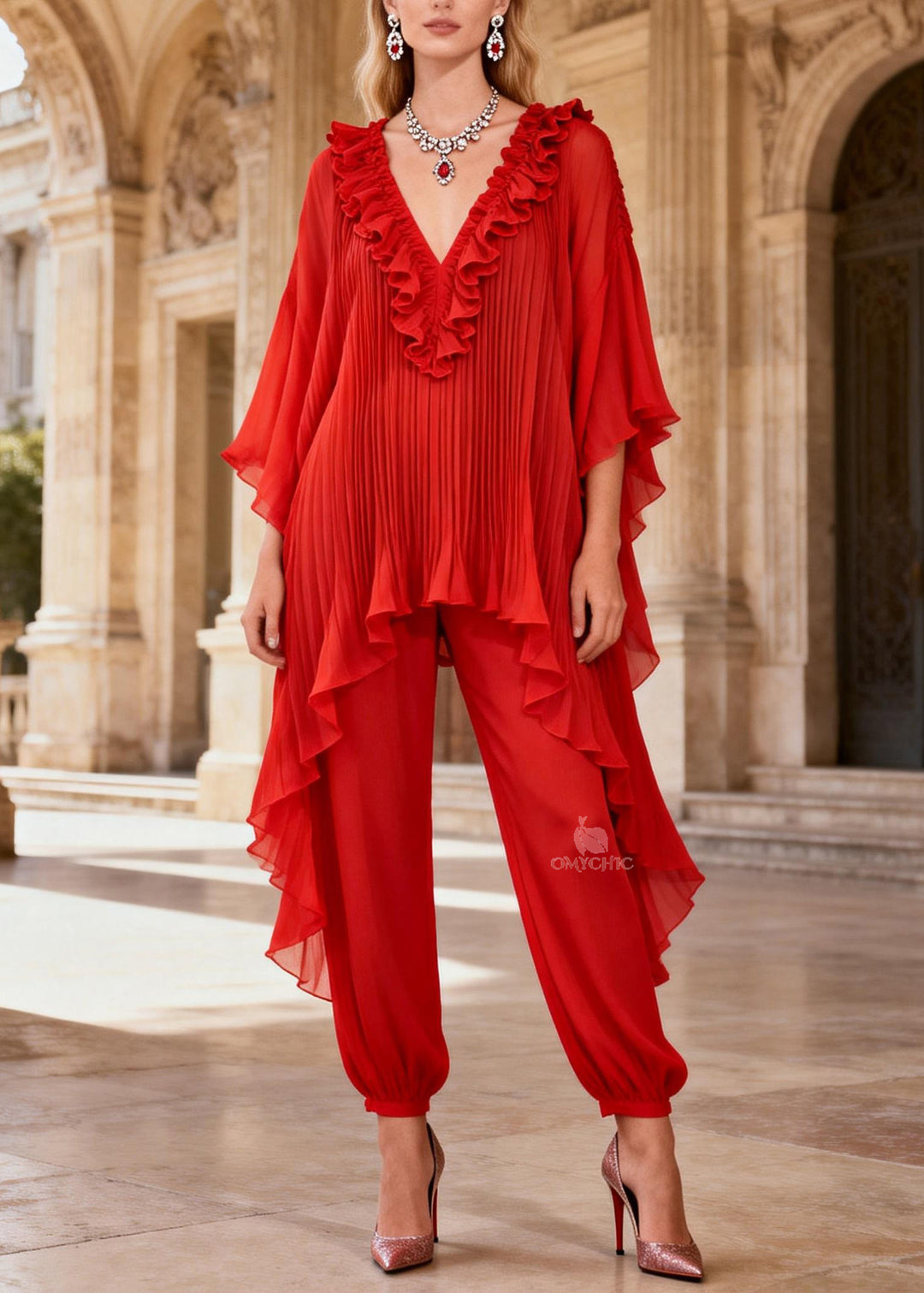 French Red Ruffled Asymmetrical Design Silk Two Pieces Set Summer