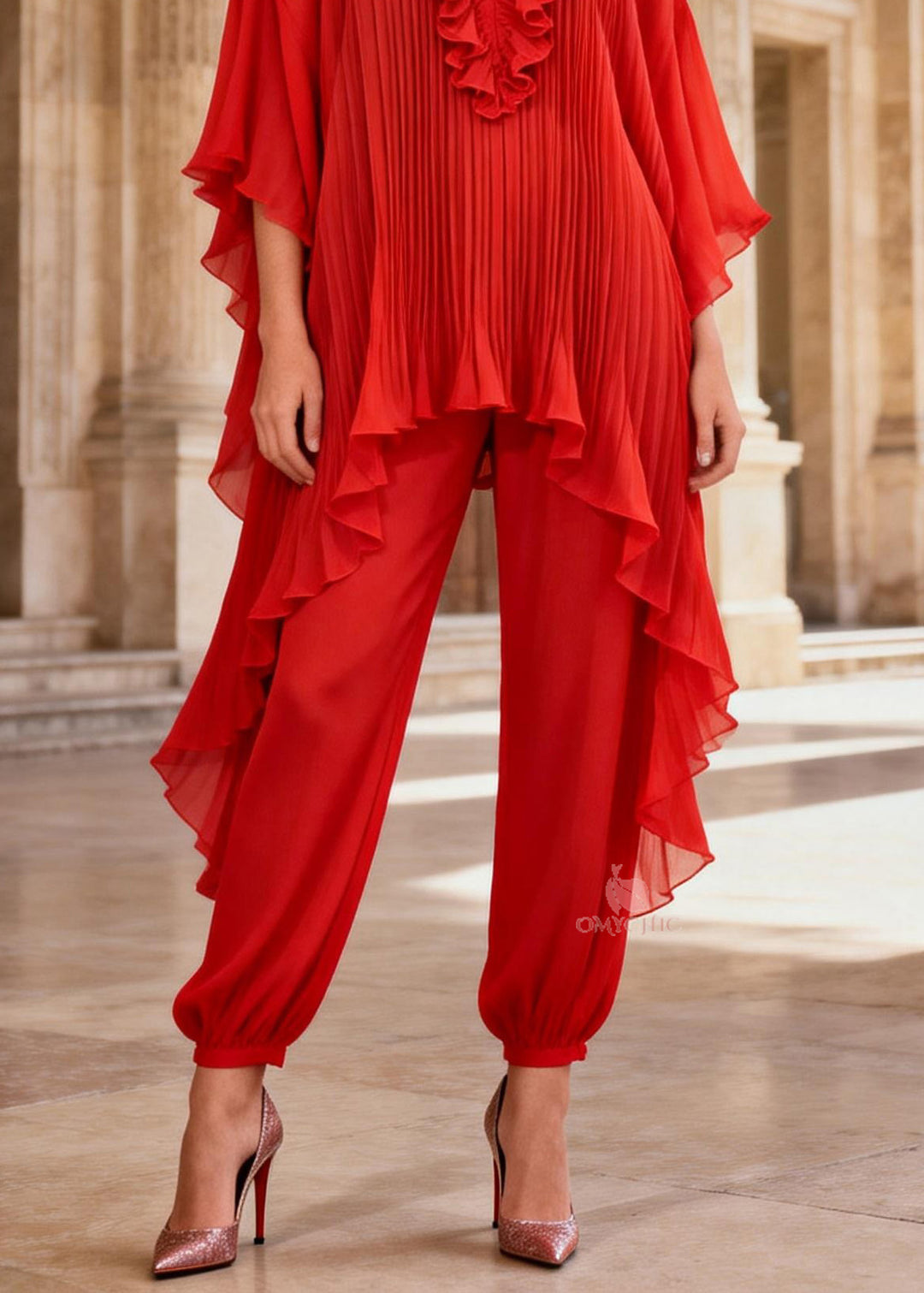 French Red Ruffled Asymmetrical Design Silk Two Pieces Set Summer