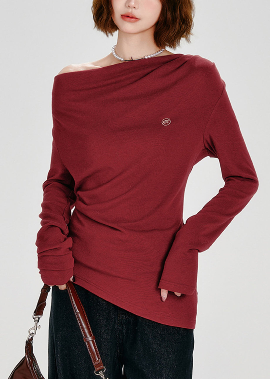 French Red Slash Neck Asymmetrical Cotton T Shirt Tops Spring