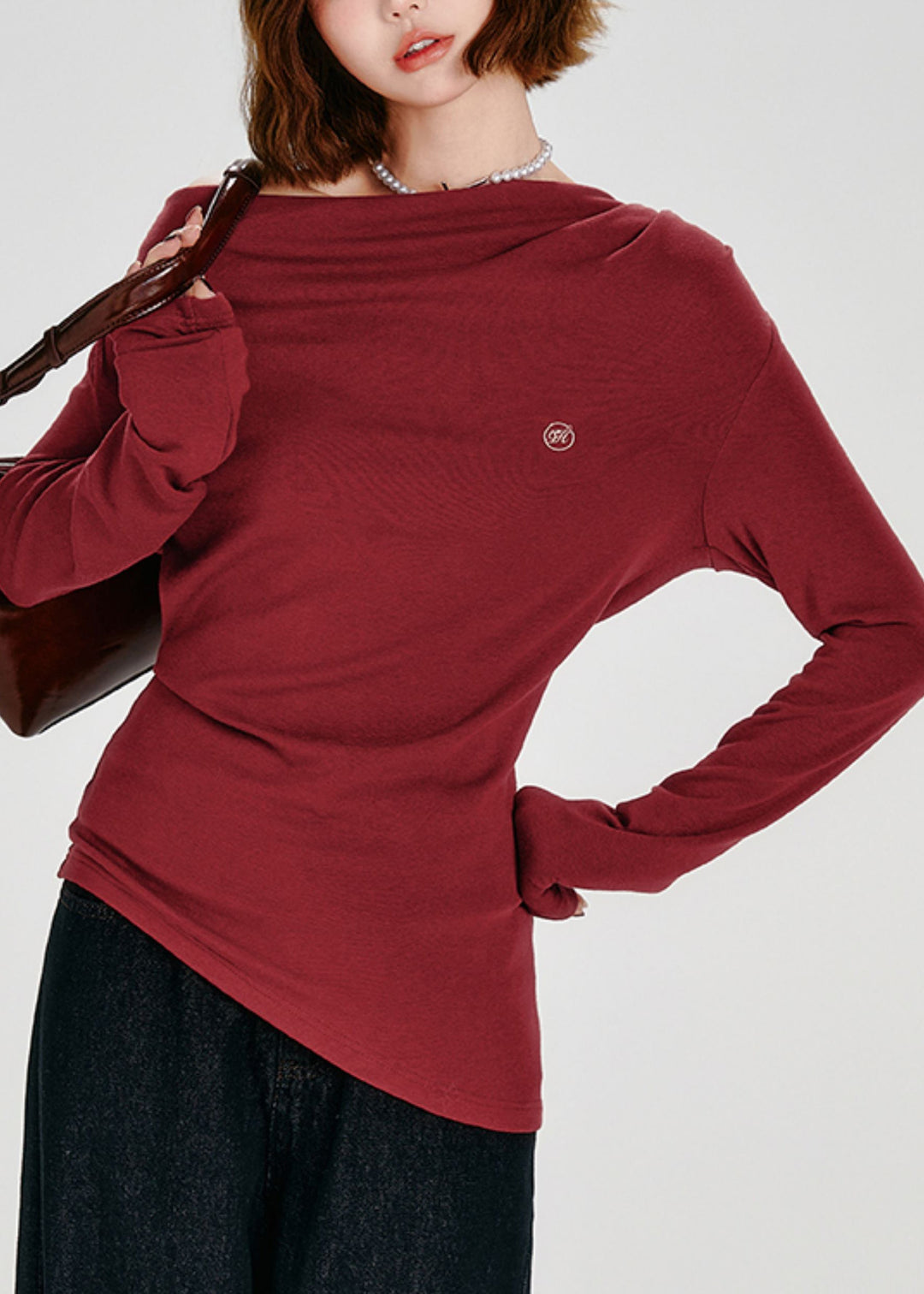 French Red Slash Neck Asymmetrical Cotton T Shirt Tops Spring