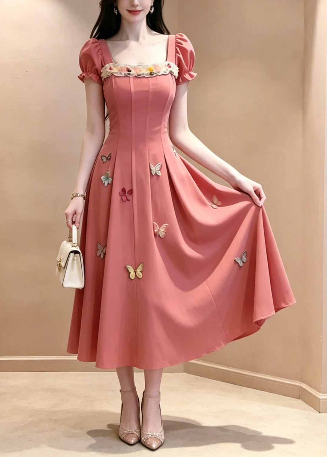 French Red Square Collar Butterfly Maxi Dress Summer