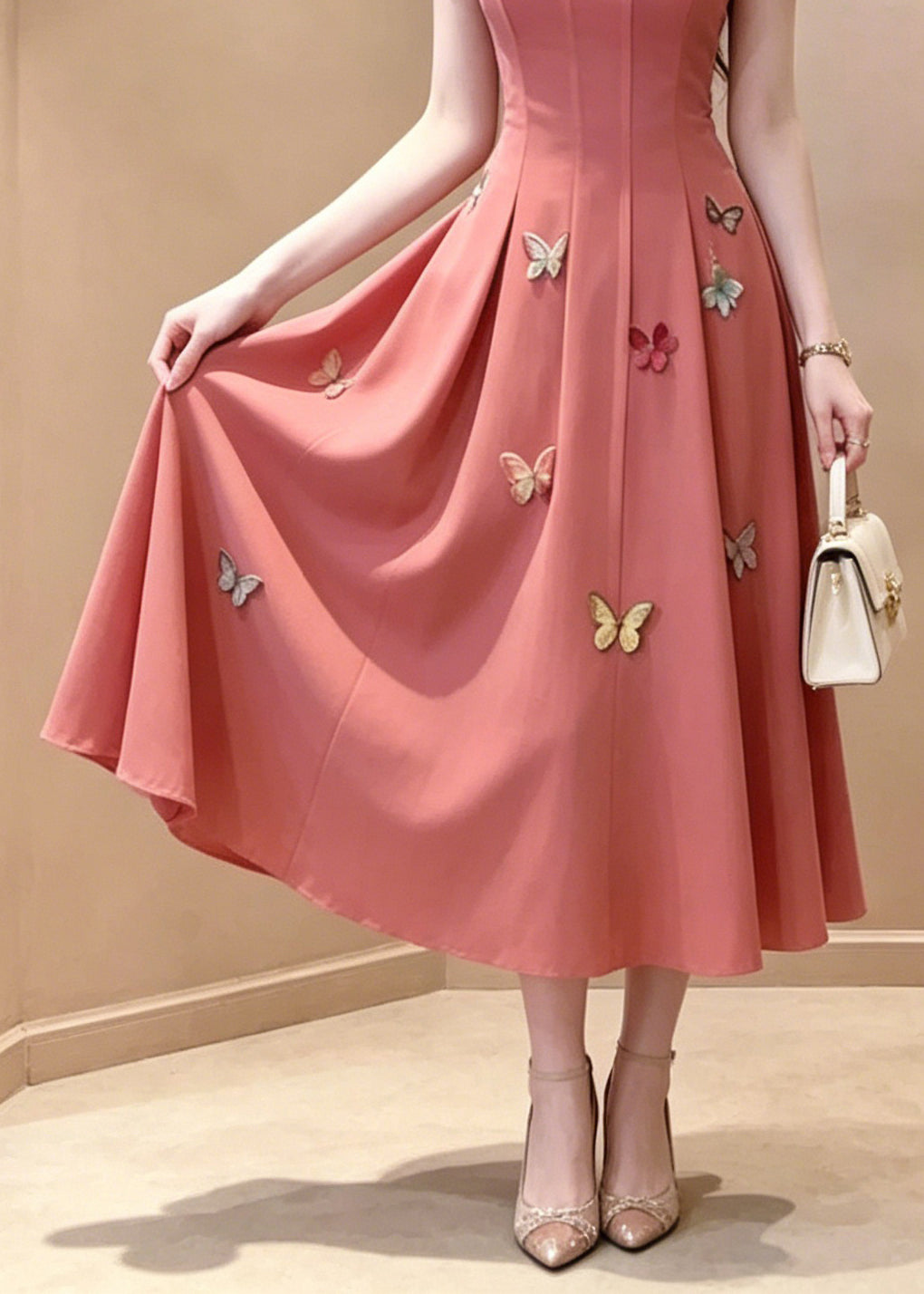 French Red Square Collar Butterfly Maxi Dress Summer