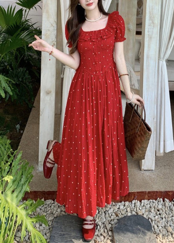 French Red Square Collar Ruffled Dot Print Cotton Dresses Summer