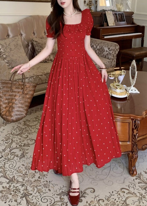French Red Square Collar Ruffled Dot Print Cotton Dresses Summer
