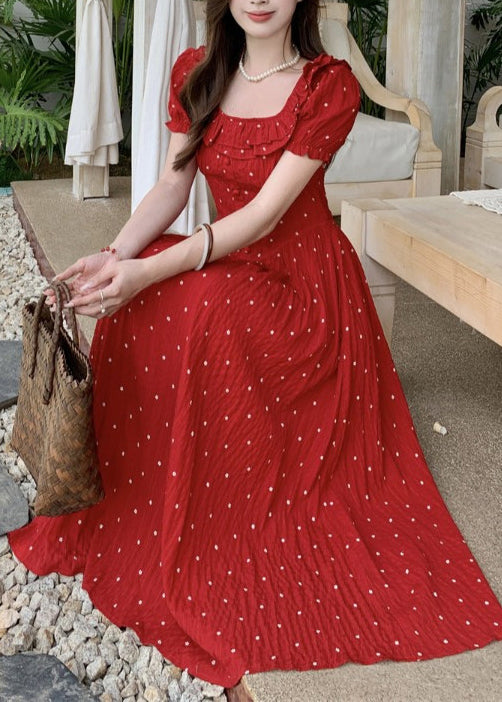 French Red Square Collar Ruffled Dot Print Cotton Dresses Summer