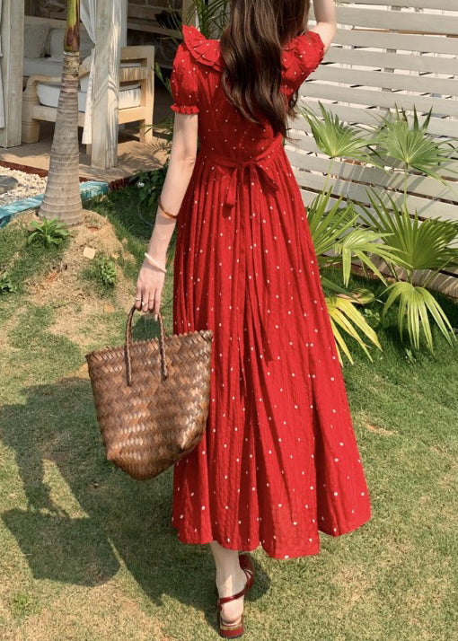 French Red Square Collar Ruffled Dot Print Cotton Dresses Summer