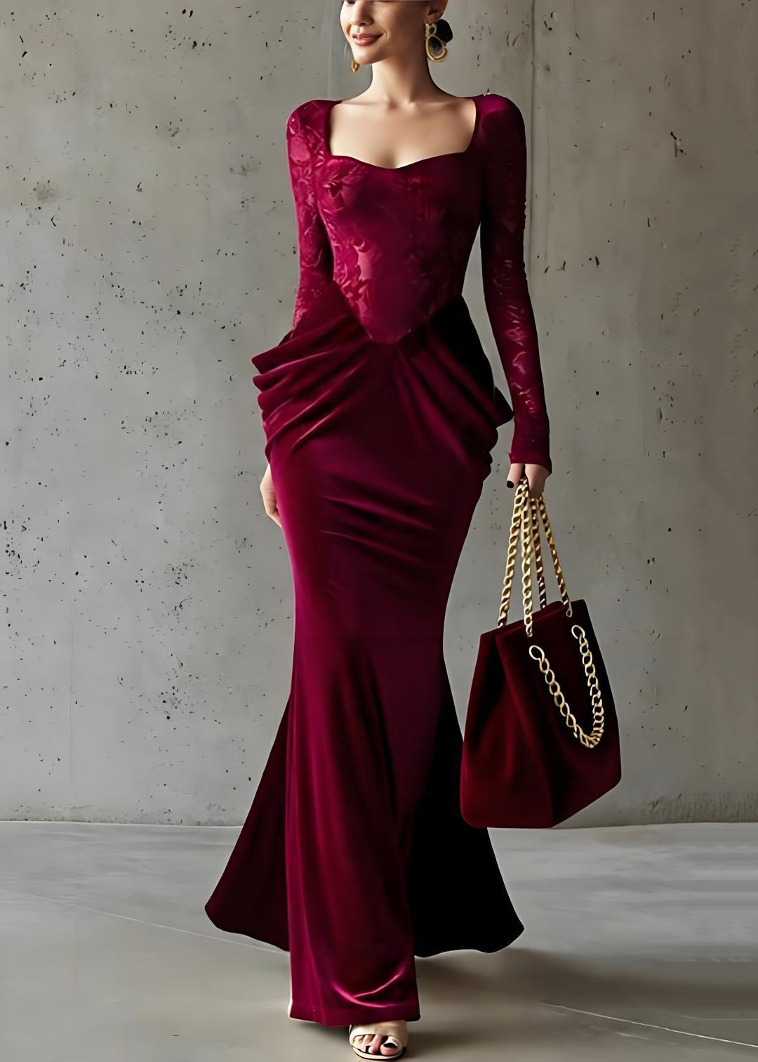 French Red Square Collar Wrinkled Patchwork Silk Velvet Dresses Spring