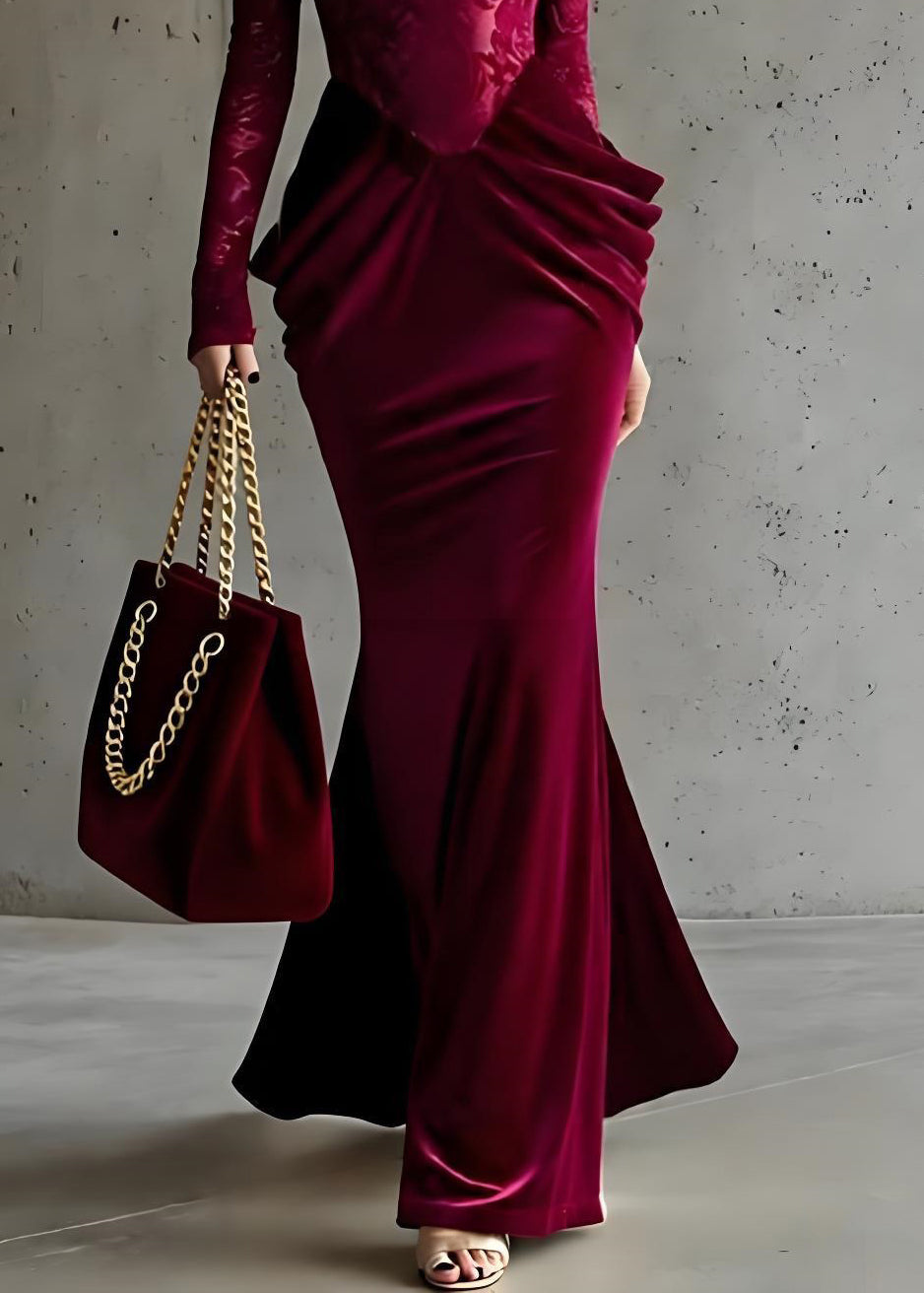 French Red Square Collar Wrinkled Patchwork Silk Velvet Dresses Spring