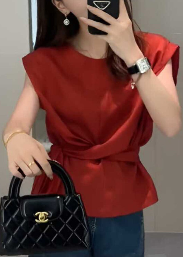 French Red Tie Waist Solid Top Sleeveless