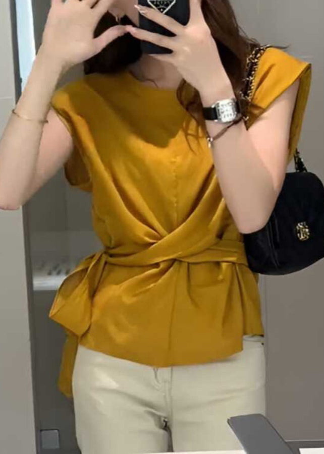 French Red Tie Waist Solid Top Sleeveless