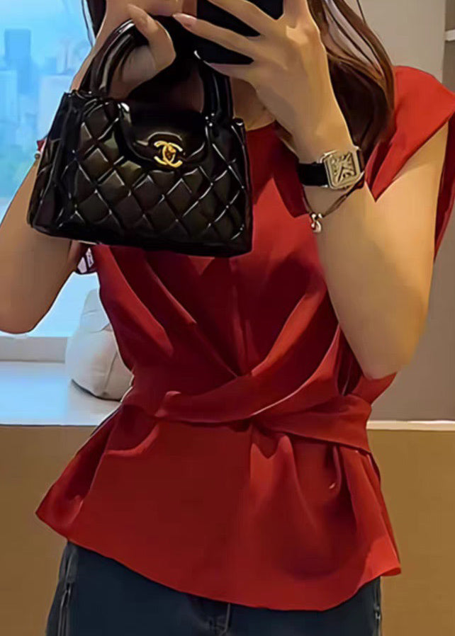 French Red Tie Waist Solid Top Sleeveless