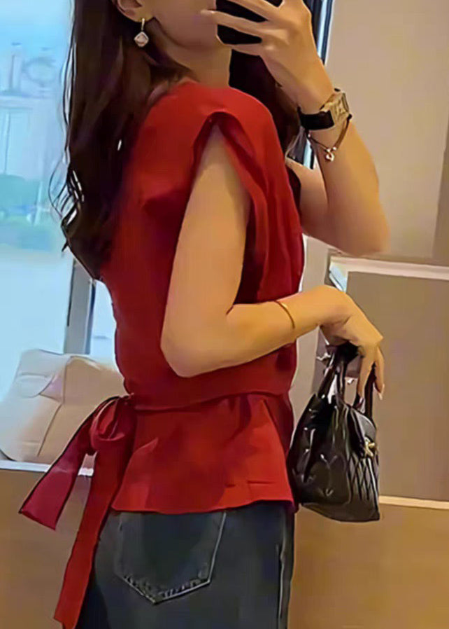 French Red Tie Waist Solid Top Sleeveless