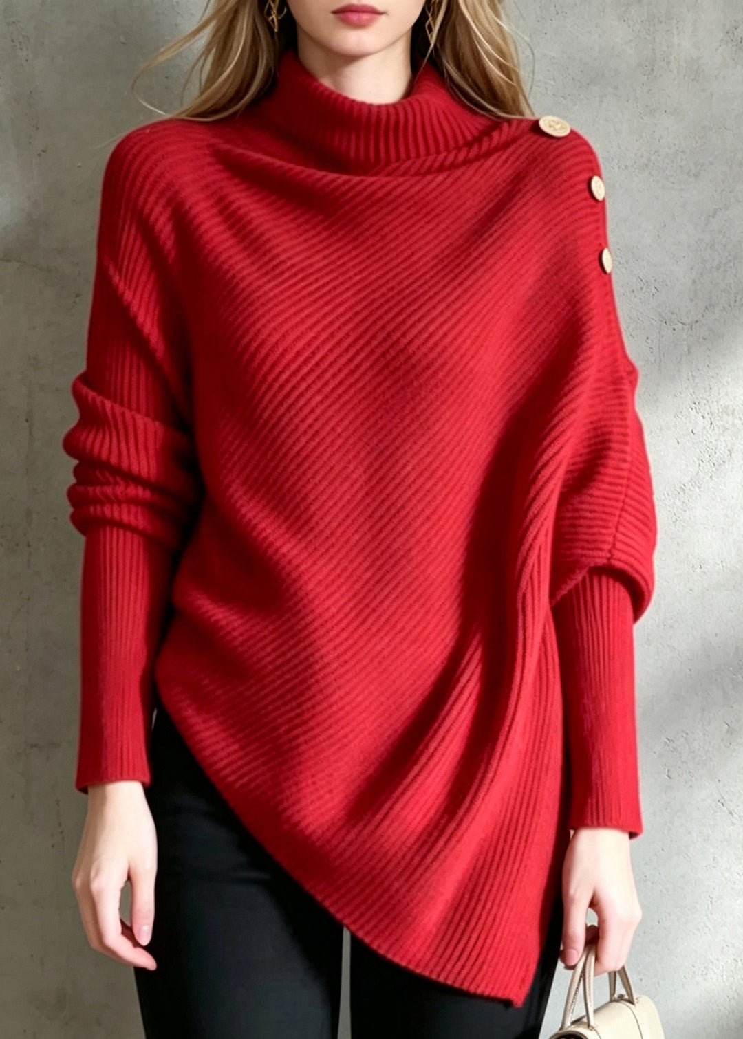 French Red Turtleneck Asymmetrical Knit Pullover Long Sleeve