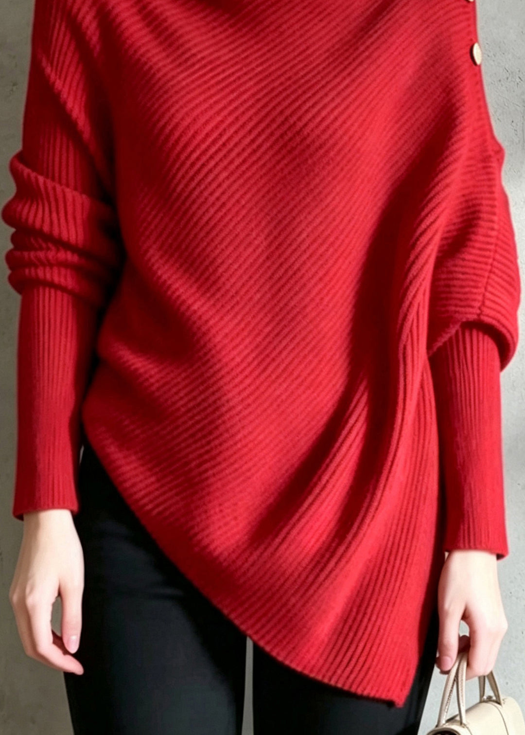 French Red Turtleneck Asymmetrical Knit Pullover Long Sleeve